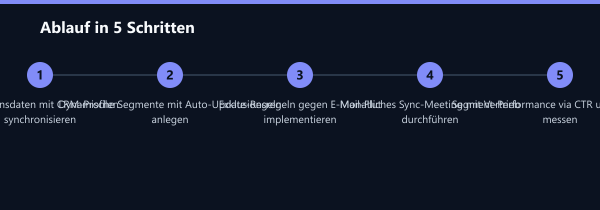 Ablauf in 5 Schritten: Verhaltensdaten mit CRM-Profilen synchronisieren, Dynamische Segmente mit Auto-Update-Regeln anlegen, Exklusionsregeln gegen E-Mail-Flut implementieren …