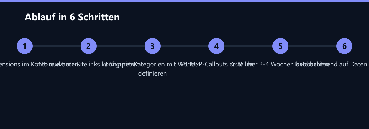 Ablauf in 6 Schritten: Aktive Extensions im Konto auditieren, 4-8 relevante Sitelinks konfigurieren, 3 Snippet-Kategorien mit Wörtern definieren …