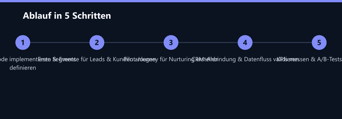 Ablauf in 5 Schritten: Tracking-Code implementieren & Events definieren, Erste Segmente für Leads & Kunden anlegen, Pilot-Journey für Nurturing erstellen …
