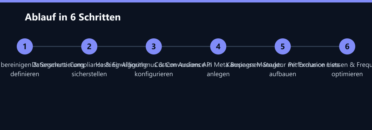 Ablauf in 6 Schritten: CRM-Daten bereinigen & Segmentierung definieren, Datenschutz-Compliance & Einwilligung sicherstellen, Hashing-Algorithmus & Conversions API konfigurieren …