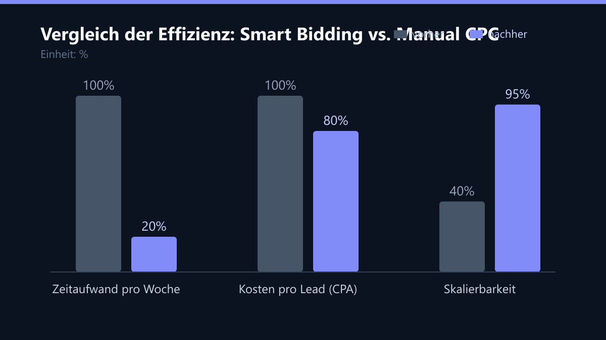 Vergleich der Effizienz: Smart Bidding vs. Manual CPC: Vorher-Nachher-Vergleich der Werte in %