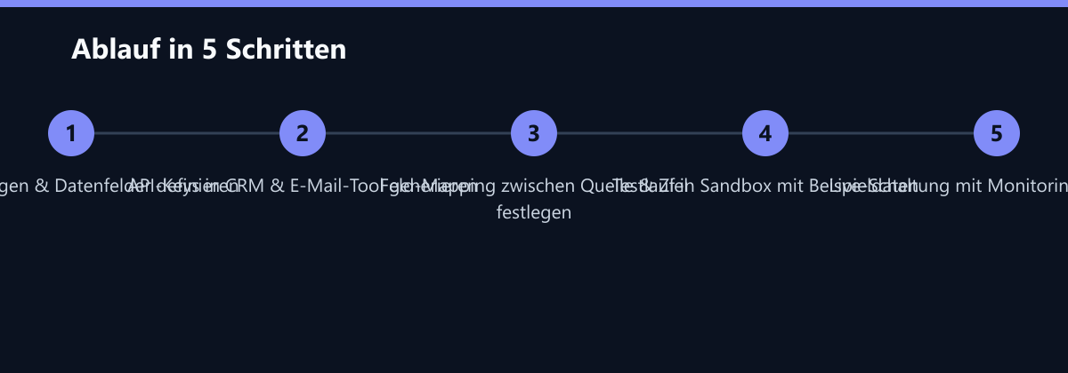 Ablauf in 5 Schritten: Anforderungen & Datenfelder definieren, API-Keys in CRM & E-Mail-Tool generieren, Feld-Mapping zwischen Quelle & Ziel festlegen …