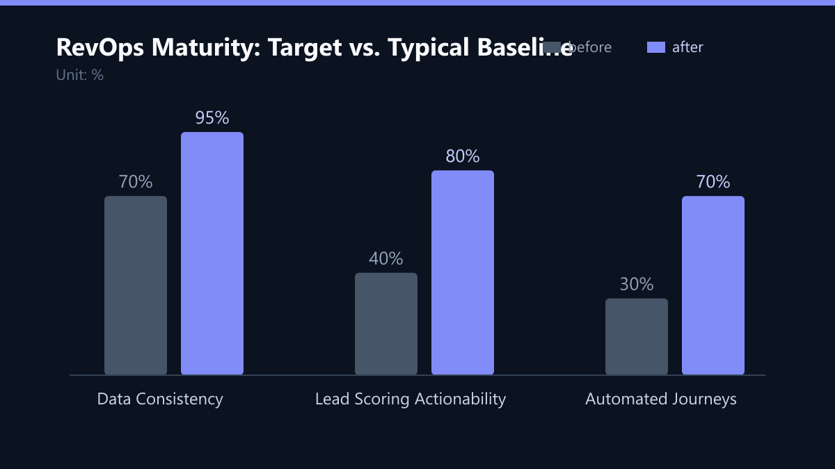 RevOps Maturity: Target vs. Typical Baseline: Vorher-Nachher-Vergleich der Werte in %