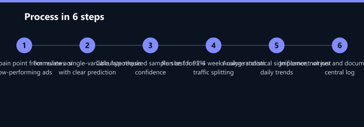 Ablauf in 6 Schritten: Identify pain point from reviews or low-performing ads, Formulate a single-variable hypothesis with clear prediction, Calculate required sample size for 95% confidence …