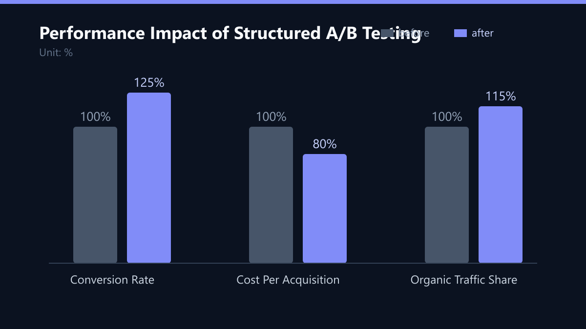 Performance Impact of Structured A/B Testing: Vorher-Nachher-Vergleich der Werte in %