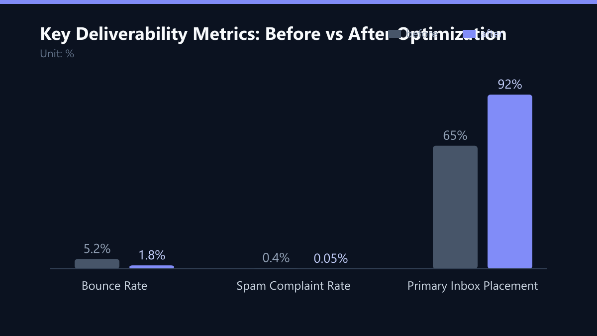 Key Deliverability Metrics: Before vs After Optimization: Vorher-Nachher-Vergleich der Werte in %