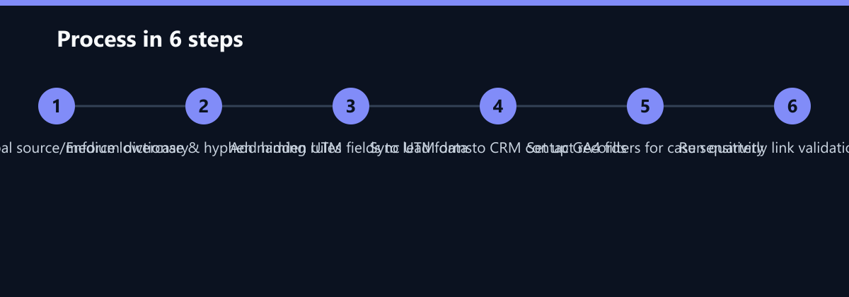 Ablauf in 6 Schritten: Define global source/medium dictionary, Enforce lowercase & hyphen naming rules, Add hidden UTM fields to lead forms …