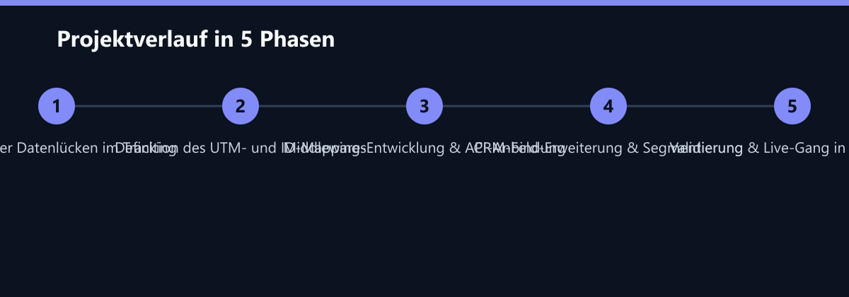 Projektverlauf in 5 Phasen: Analyse der Datenlücken im Tracking, Definition des UTM- und ID-Mappings, Middleware-Entwicklung & API-Anbindung …