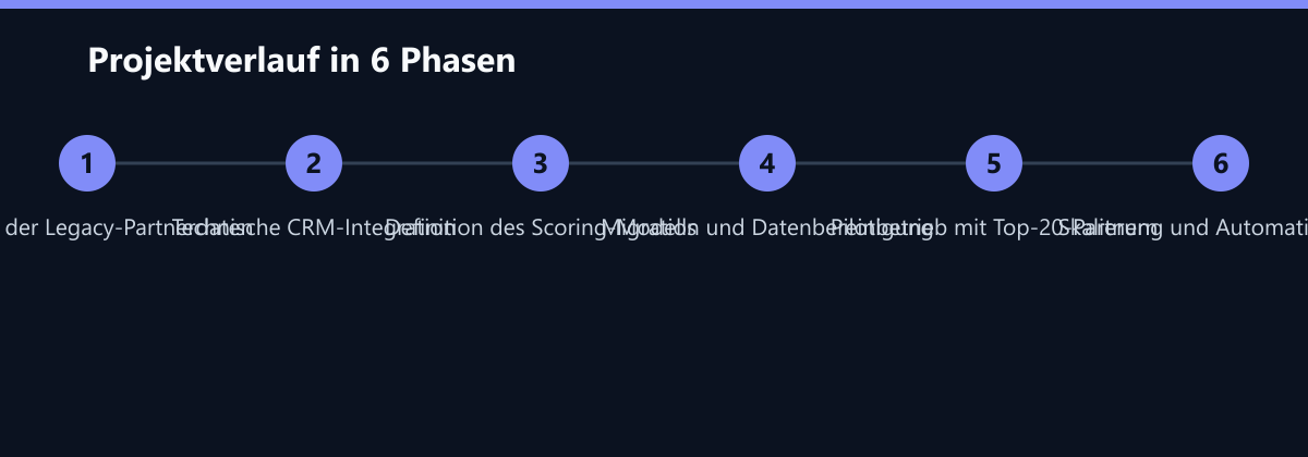 Projektverlauf in 6 Phasen: Analyse der Legacy-Partnerdaten, Technische CRM-Integration, Definition des Scoring-Modells …
