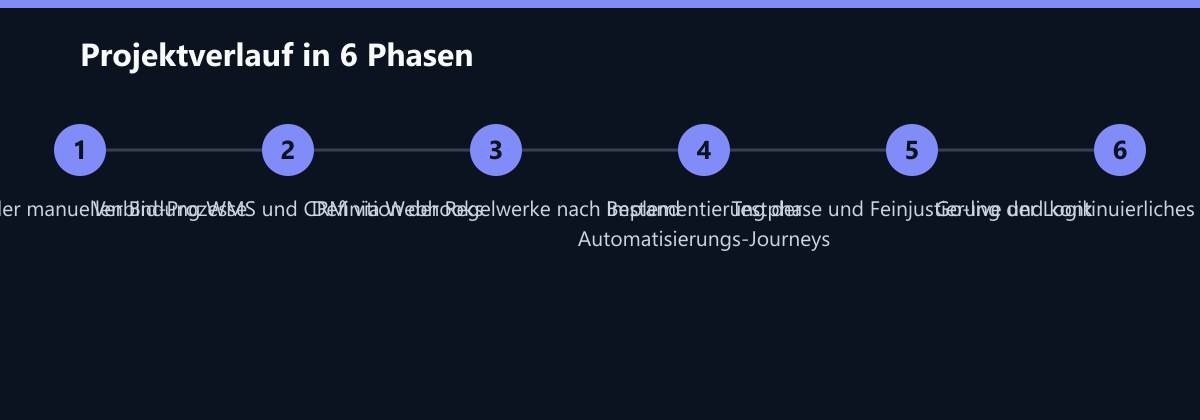 Projektverlauf in 6 Phasen: Analyse der manuellen Bid-Prozesse, Verbindung WMS und CRM via Webhooks, Definition der Regelwerke nach Bestand …