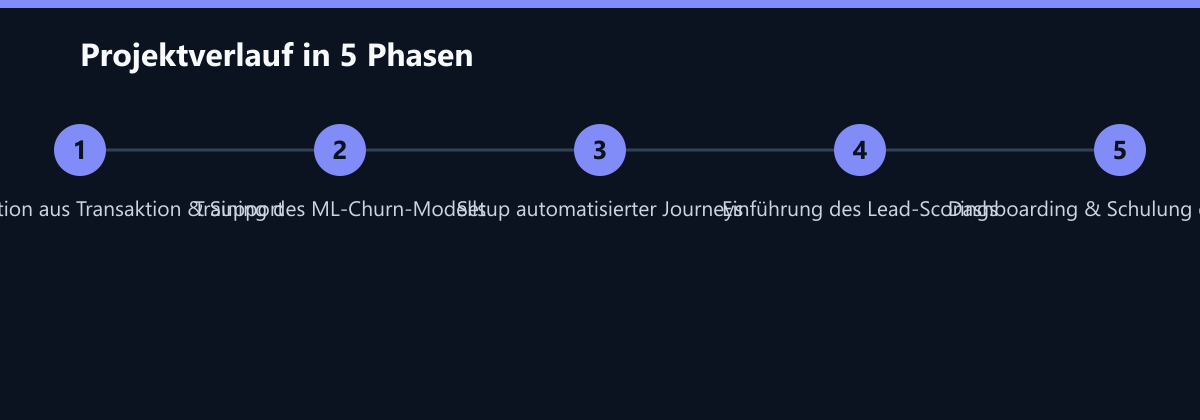Projektverlauf in 5 Phasen: Datenintegration aus Transaktion & Support, Training des ML-Churn-Modells, Setup automatisierter Journeys …