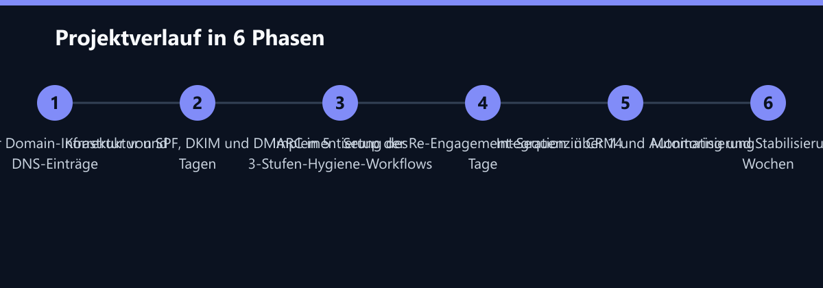 Projektverlauf in 6 Phasen: Audit der Domain-Infrastruktur und DNS-Einträge, Korrektur von SPF, DKIM und DMARC in 5 Tagen, Implementierung des 3-Stufen-Hygiene-Workflows …