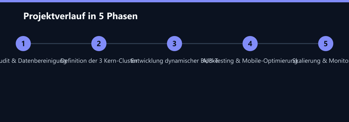 Projektverlauf in 5 Phasen: CRM-Audit & Datenbereinigung, Definition der 3 Kern-Cluster, Entwicklung dynamischer Blöcke …