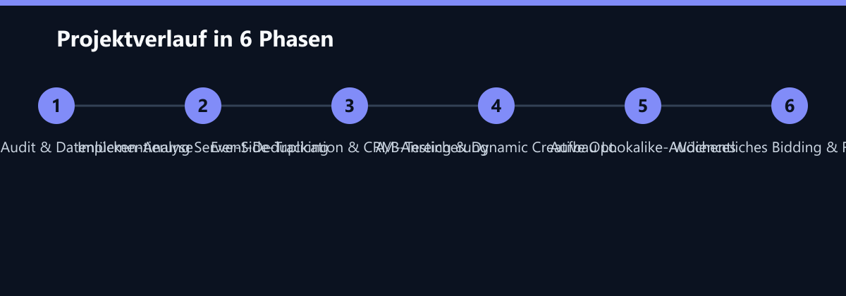 Projektverlauf in 6 Phasen: Technisches Audit & Datenlücken-Analyse, Implementierung Server-Side-Tracking, Event-Deduplication & CRM-Anreicherung …