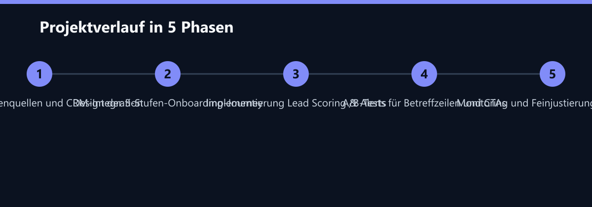 Projektverlauf in 5 Phasen: Audit der Datenquellen und CRM-Integration, Design der 3-Stufen-Onboarding-Journey, Implementierung Lead Scoring & Alerts …