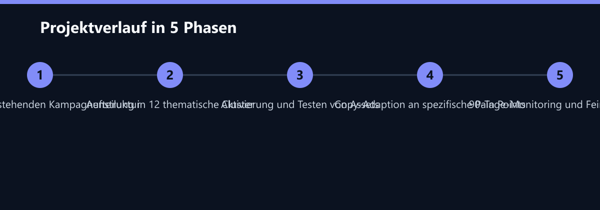 Projektverlauf in 5 Phasen: Audit der bestehenden Kampagnenstruktur, Aufteilung in 12 thematische Cluster, Aktivierung und Testen von Assets …