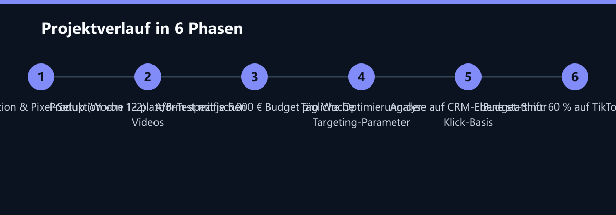 Projektverlauf in 6 Phasen: CRM-Integration & Pixel-Setup (Woche 1-2), Produktion von 12 plattform-spezifischen Videos, A/B-Test mit je 5.000 € Budget pro Woche …