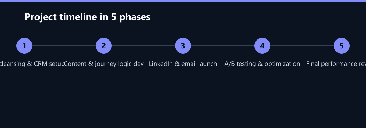Projektverlauf in 5 Phasen: Data cleansing & CRM setup, Content & journey logic dev, LinkedIn & email launch …