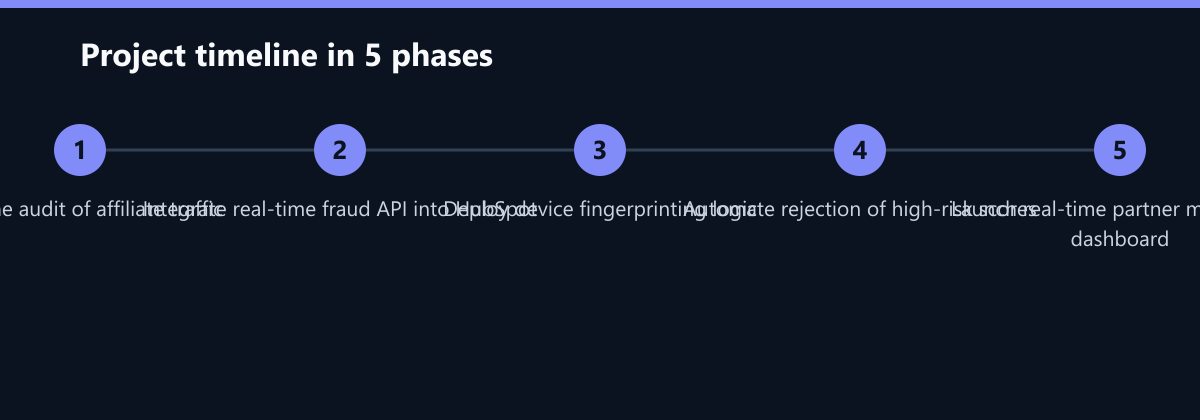 Projektverlauf in 5 Phasen: Baseline audit of affiliate traffic, Integrate real-time fraud API into HubSpot, Deploy device fingerprinting logic …