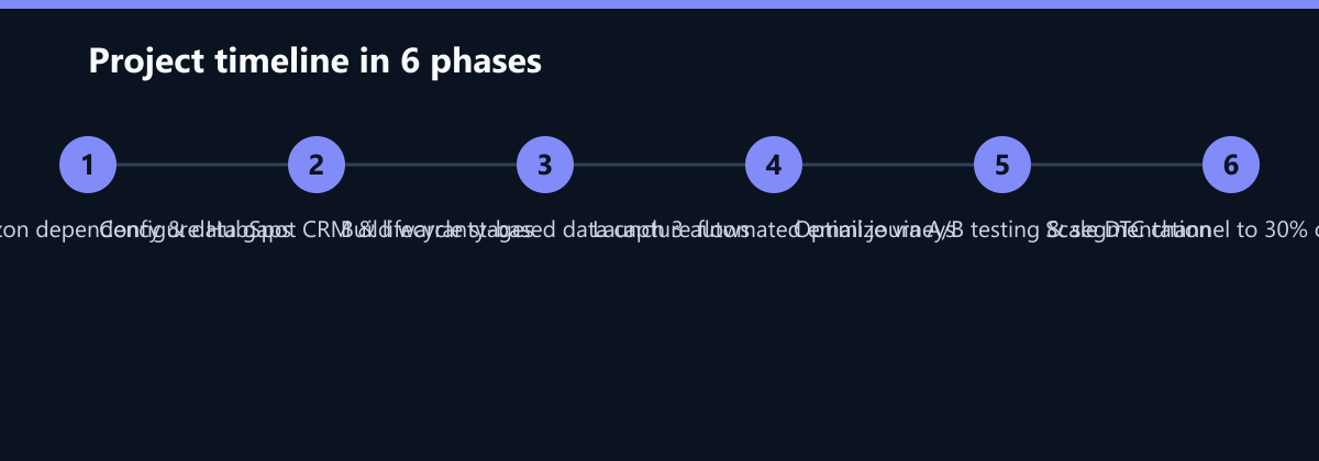 Projektverlauf in 6 Phasen: Audit Amazon dependency & data gaps, Configure HubSpot CRM & lifecycle stages, Build warranty-based data capture flows …