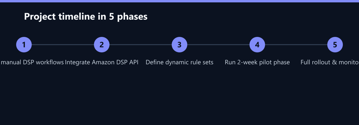 Projektverlauf in 5 Phasen: Audit manual DSP workflows, Integrate Amazon DSP API, Define dynamic rule sets …