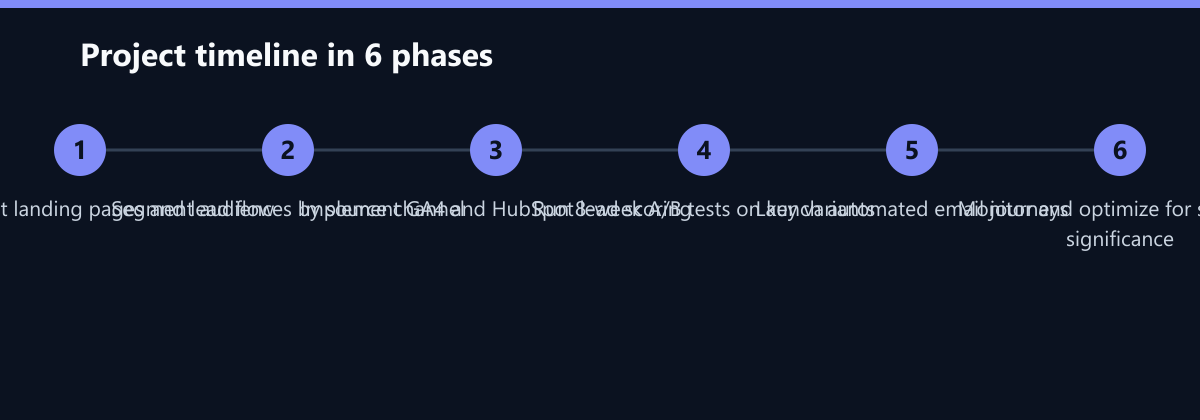 Projektverlauf in 6 Phasen: Audit current landing pages and lead flow, Segment audiences by source channel, Implement GA4 and HubSpot lead scoring …