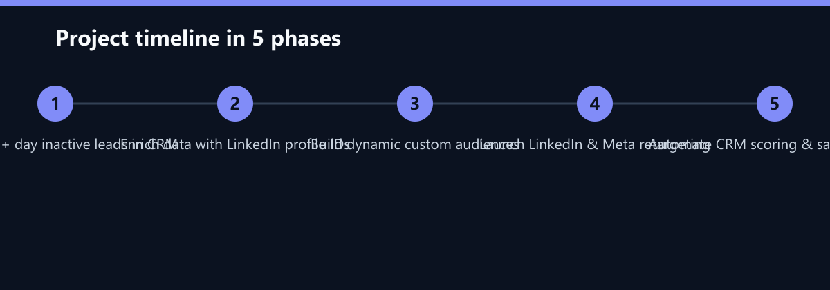 Projektverlauf in 5 Phasen: Identify 30+ day inactive leads in CRM, Enrich data with LinkedIn profile IDs, Build dynamic custom audiences …