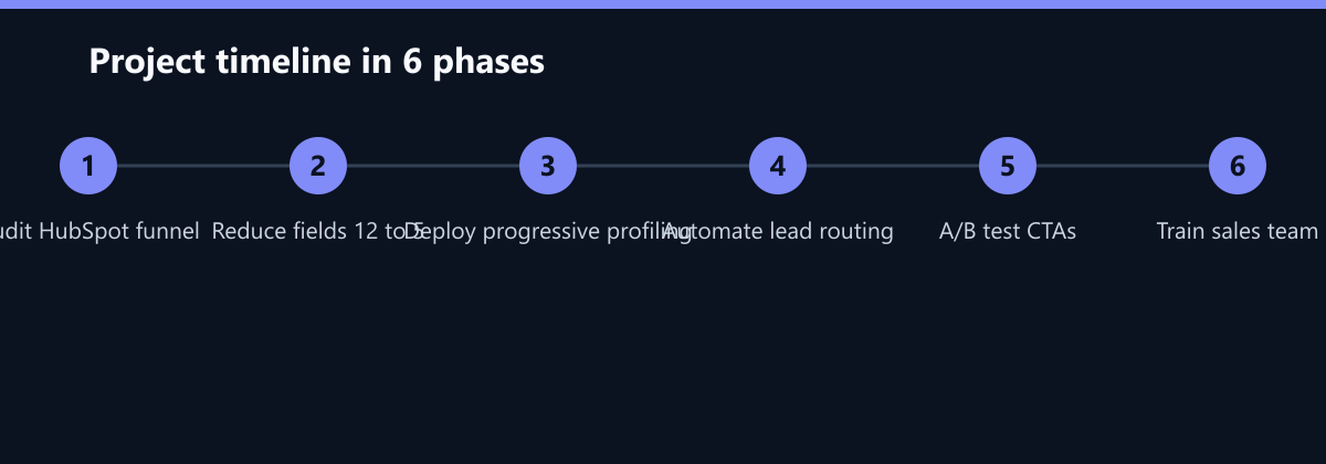 Projektverlauf in 6 Phasen: Audit HubSpot funnel, Reduce fields 12 to 5, Deploy progressive profiling …